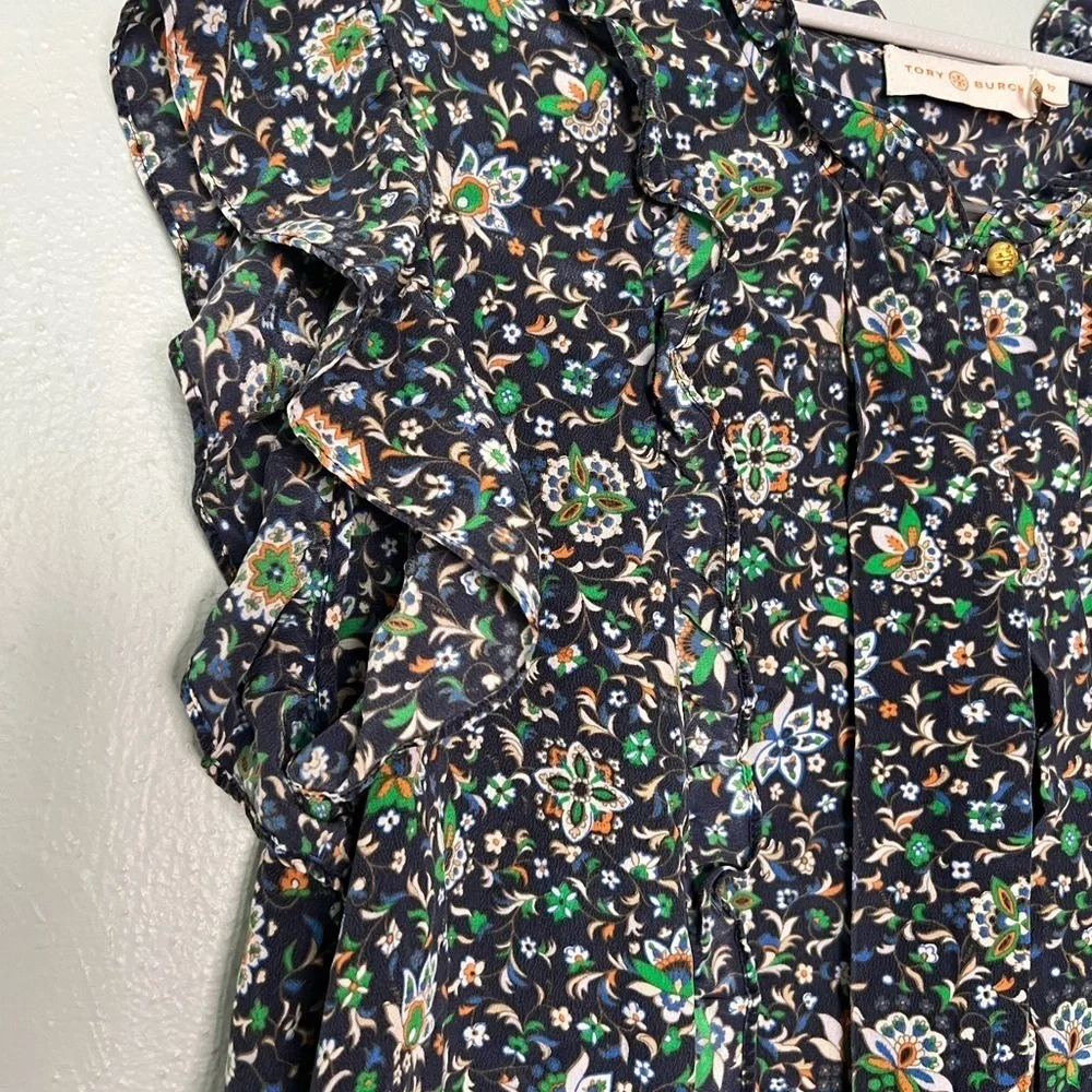 Tory Burch blue floral print silk blouse whimsical fairy dainty short sleeve
